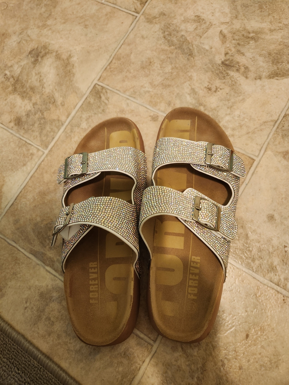 Forever 21 Women's Rhinestone Double-Buckle Slide Sandals - Silver Sparkle